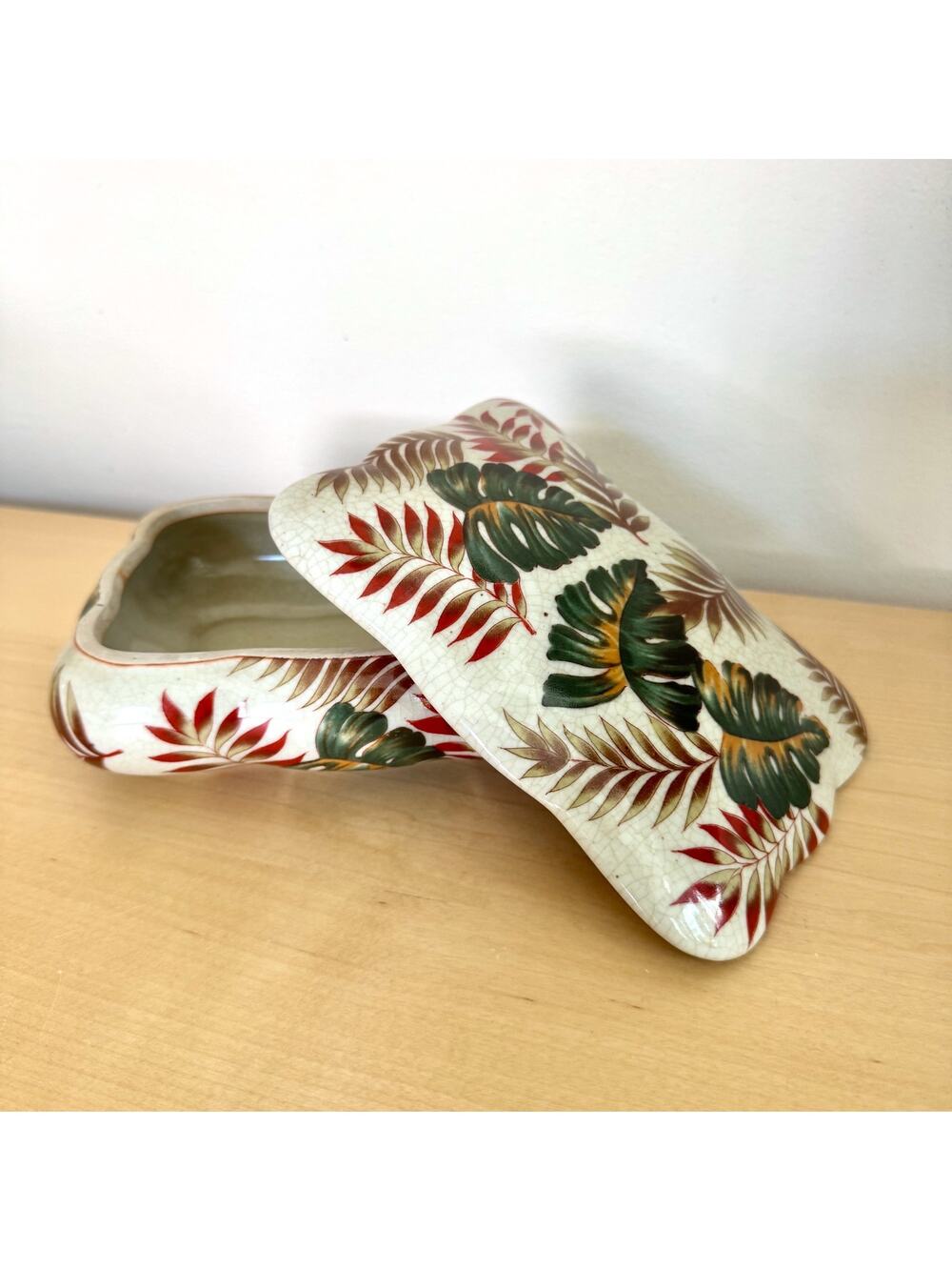 Vintage Amita Japan Crackle Glaze Porcelain Lidded Box Tropical Botanical
